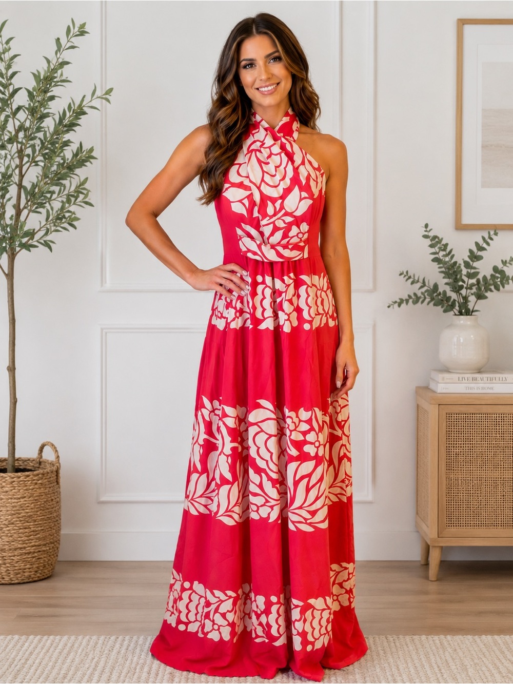Tibi Sillk Red and Cream Floral Halter Maxi Gown Dress Sz 8